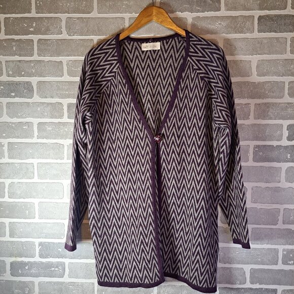 Vintage Wool Cashmere 90s Chevron Purple Gray Print Womens Cardigan Size Large - Picture 2 of 13